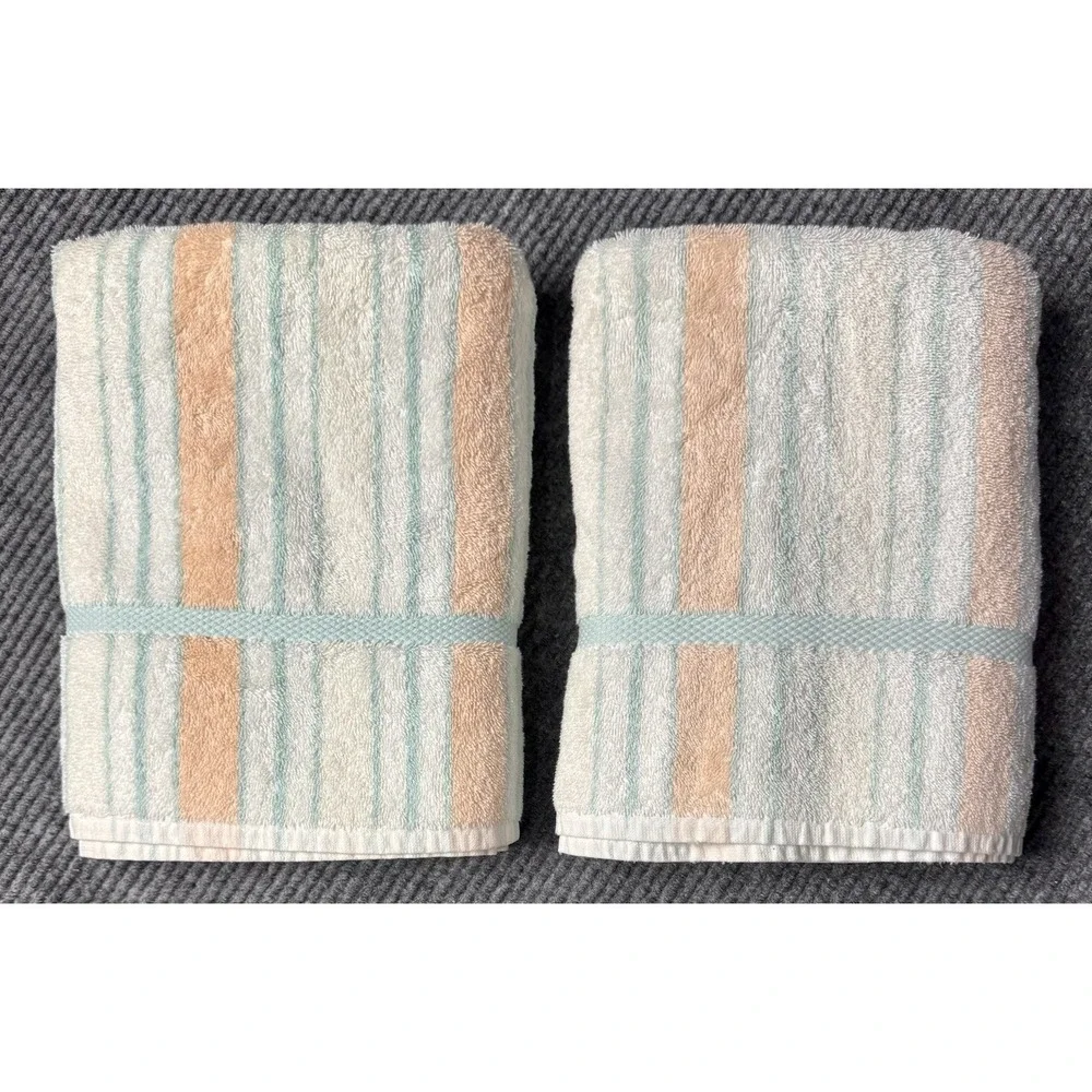 Vintage Cannon Embassy Bath Towel Set 24x45 Pastel Peach Mint Stripe USA Cotton